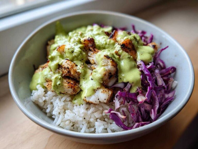 Close-up of a bowl featuring white rice, seasoned fish pieces, shredded purple cabbage, and topped with a creamy green sauce, perfect for fish taco bowls.