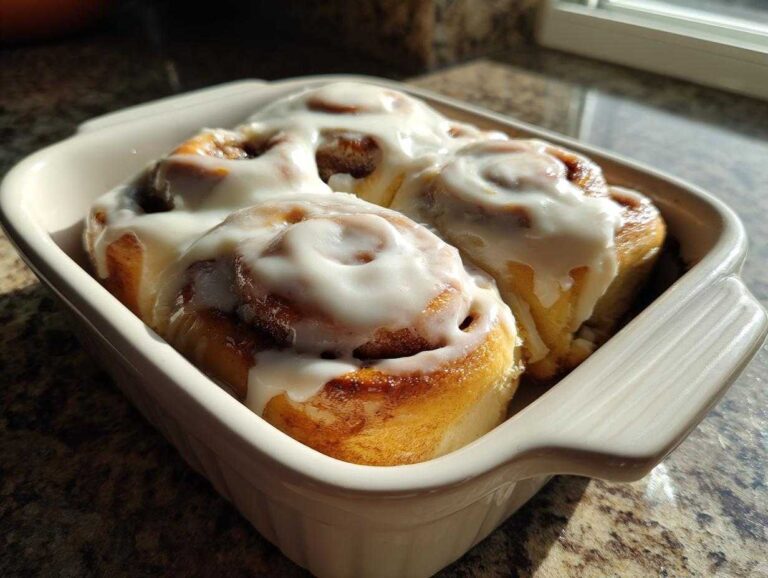 Four freshly baked gluten-free cinnamon rolls covered in thick white icing, sitting in a ceramic baking dish.