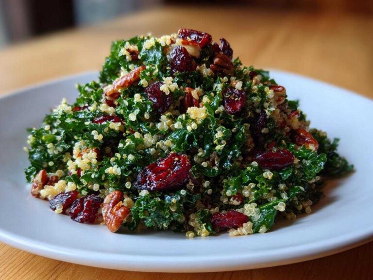 A mound of fresh quinoa kale salad mixed with dried cranberries and pecans served on a white plate.