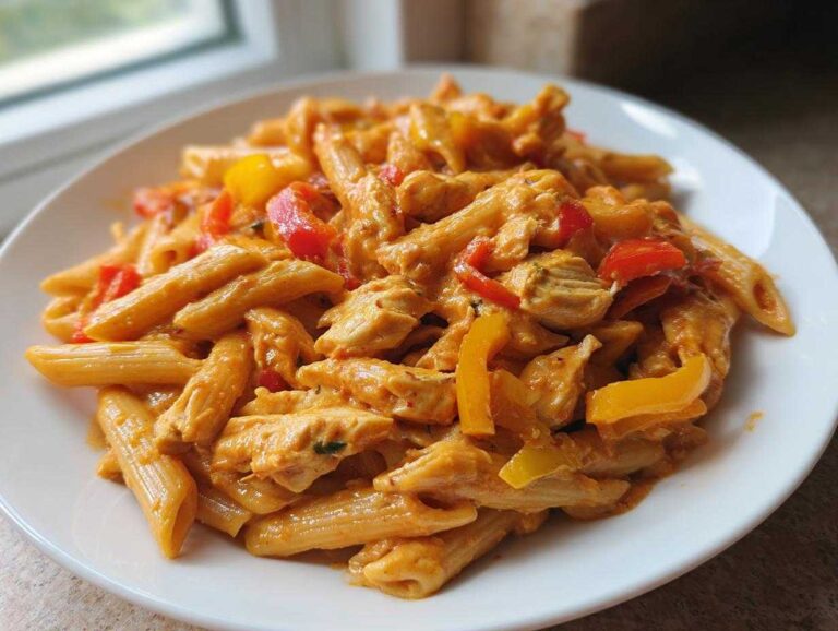 A close-up of a white plate filled with creamy Rasta pasta mixed with chunks of chicken and colorful red and yellow bell peppers.