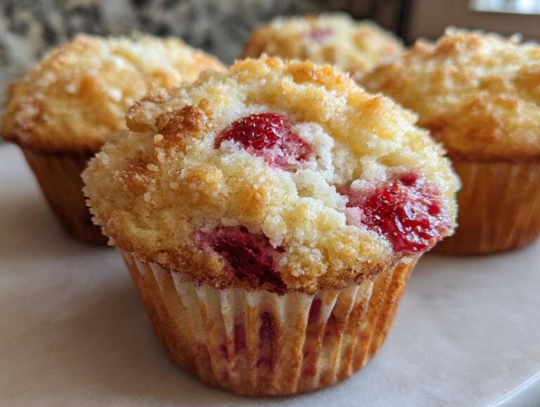 A close-up of a freshly baked strawberry shortcake muffin topped with a crumbly streusel and visible pieces of bright red strawberry.