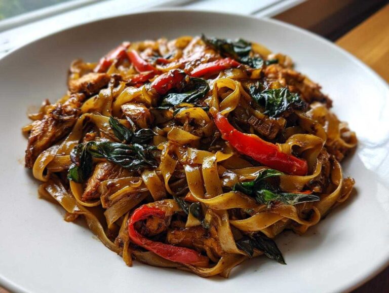 A close-up view of stir-fried thai drunken noodles with wide rice noodles, chicken, red peppers, and basil leaves on a white plate.