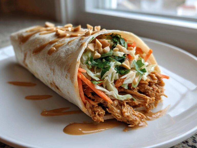 Close-up of a delicious thai peanut chicken wrap filled with shredded chicken, crunchy slaw, and topped with peanut sauce and chopped peanuts.