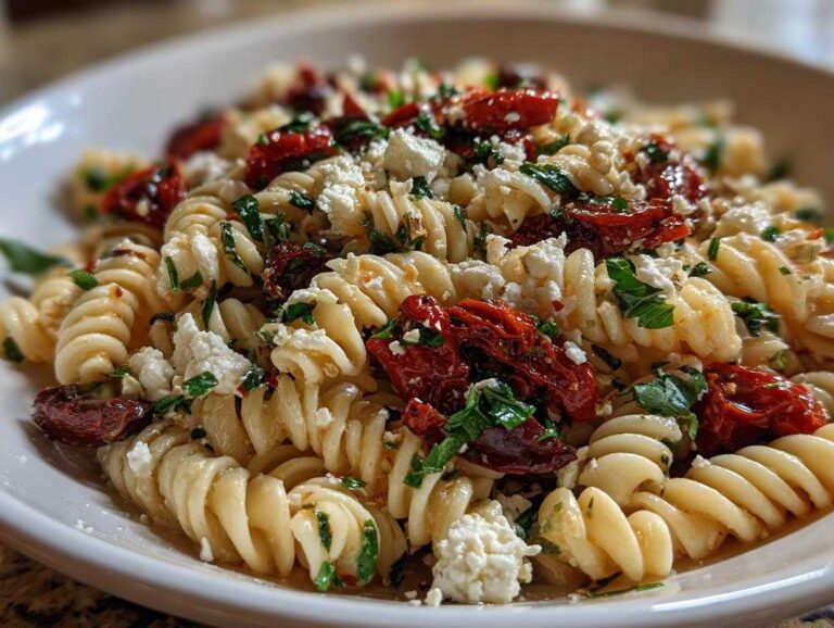 A close-up shot of a vibrant feta mediterranean pasta salad featuring fusilli pasta, crumbled feta cheese, and sun-dried tomatoes.