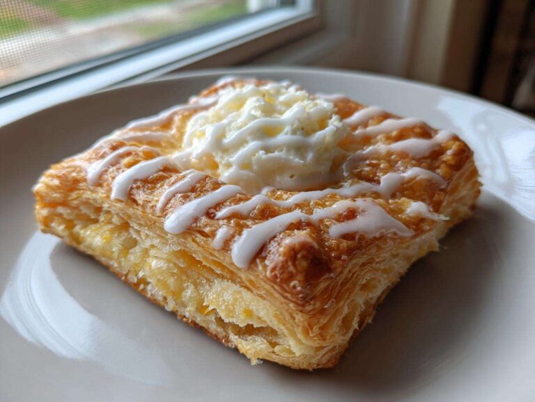 A close-up of a flaky, golden brown cheese danish topped with white icing drizzle and a dollop of cream cheese frosting.