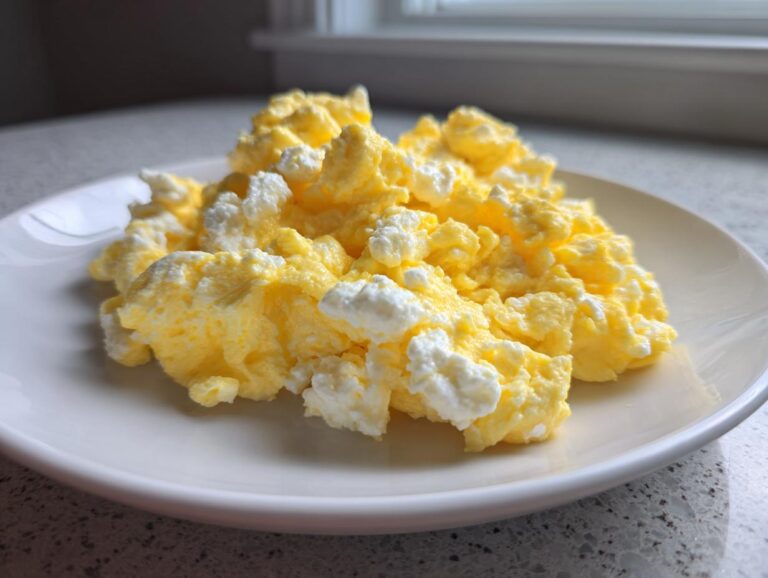 A serving of fluffy, bright yellow cottage cheese scrambled eggs piled high on a simple white plate.
