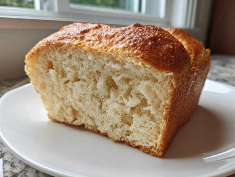 A close-up of a freshly baked, soft loaf showing the airy crumb texture of the fluffy yeast bread recipe.