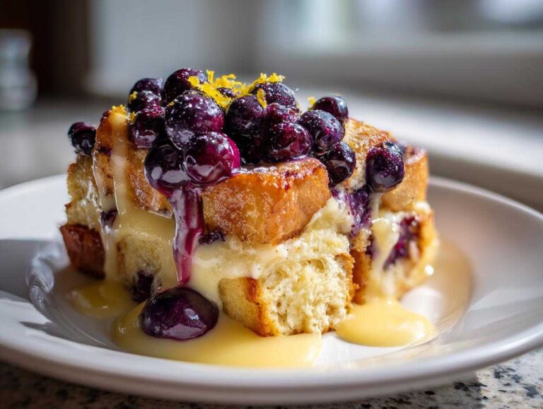 A decadent serving of French Toast Blueberry Bake topped with fresh blueberries, glaze, and lemon zest.