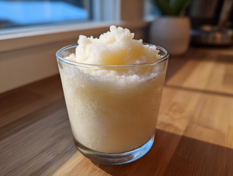 A glass filled with icy, slushy frozen coconut lemonade sitting on a sunny wooden countertop.