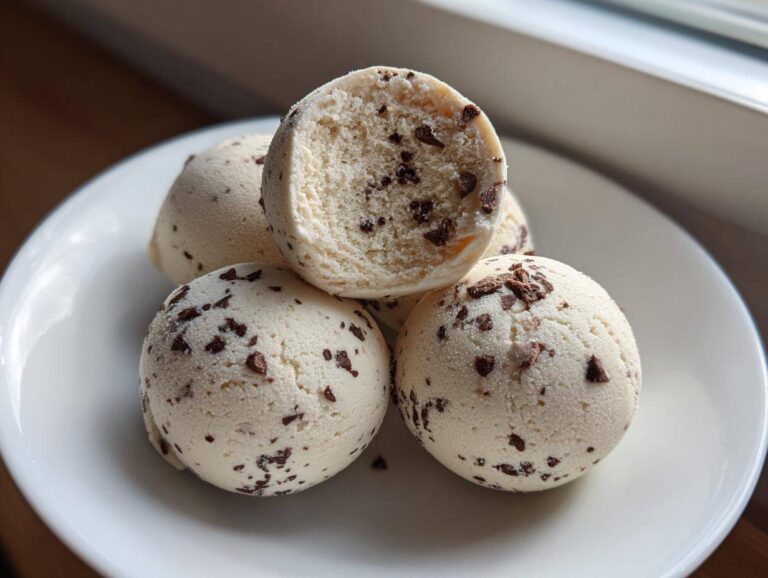 Four scoops of creamy frozen greek yogurt peanut butter bites sprinkled with mini chocolate chips on a white plate.