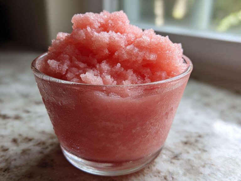 A close-up of a small glass filled with icy, bright pink frozen strawberry lemonade.