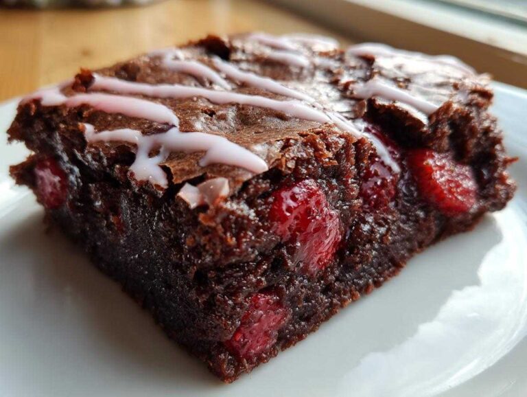 Close-up of a fudgy strawberry brownie square with visible pieces of bright red strawberry and a light pink drizzle on top.