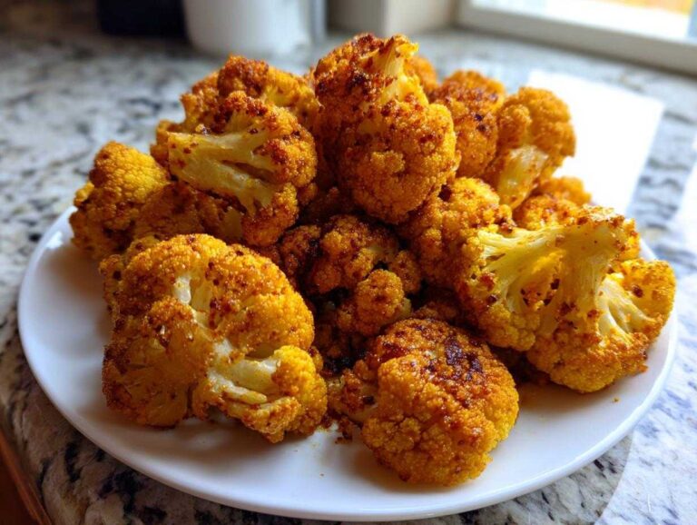 A pile of perfectly golden brown garlic butter roasted cauliflower florets served on a white plate.