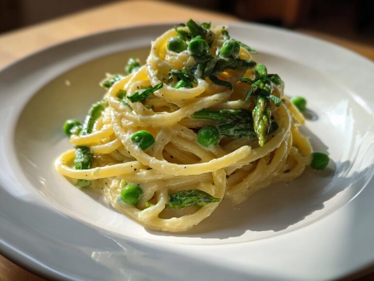 A beautifully plated serving of Garlic Cream Bucatini tossed with bright green peas and asparagus tips.