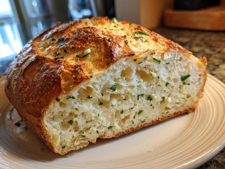 A close-up of a slice of fluffy garlic herb dutch oven bread showing the airy interior studded with green herbs and garlic.