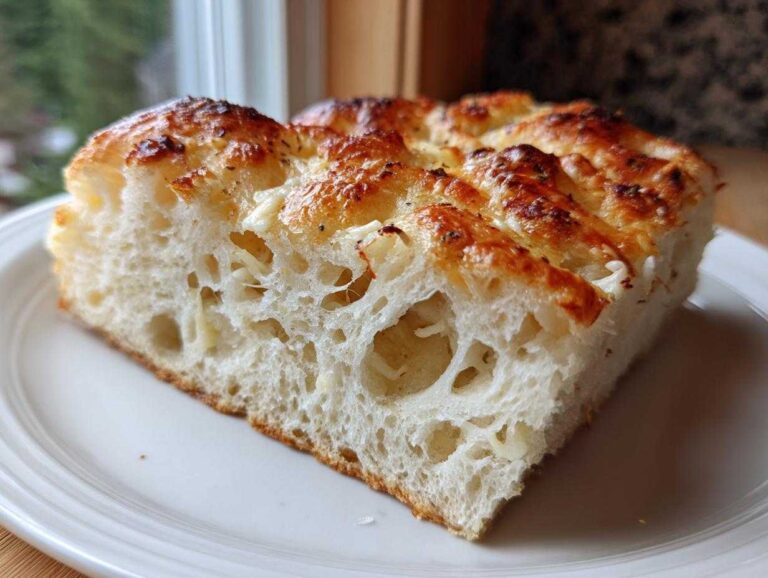 Close-up of a thick slice of garlic parmesan focaccia bread showing a light, airy, open crumb structure and a golden, cheesy top.
