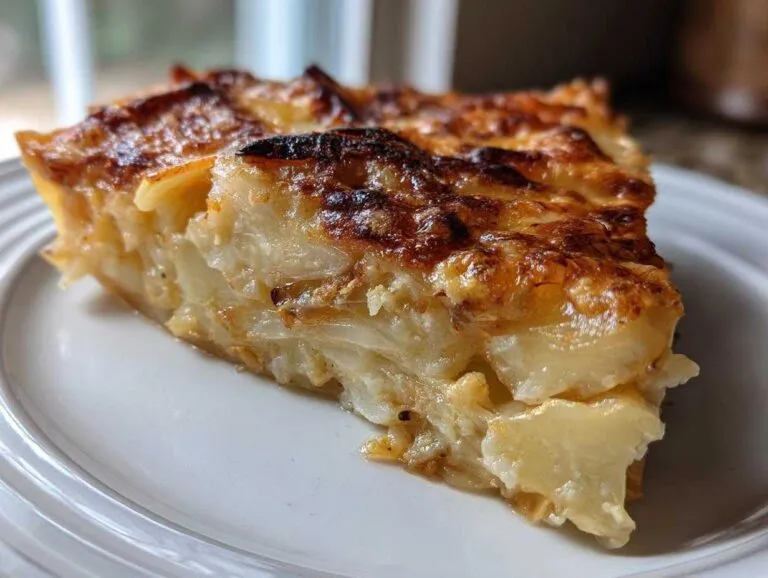 Close-up of a wedge of golden brown garlic scalloped potatoes with a cheesy, baked crust.