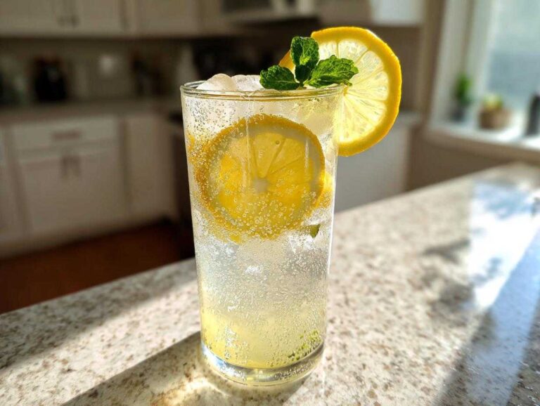 A tall glass filled with a bubbly ginger lemon cooler, ice, lemon slices, and mint garnish.