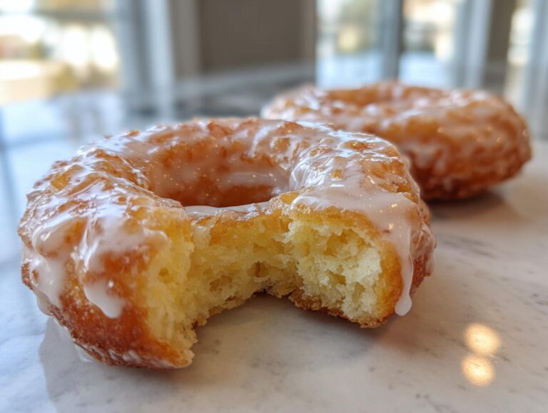 Close-up of a glazed cottage cheese donut with a bite missing, showing the fluffy interior texture.