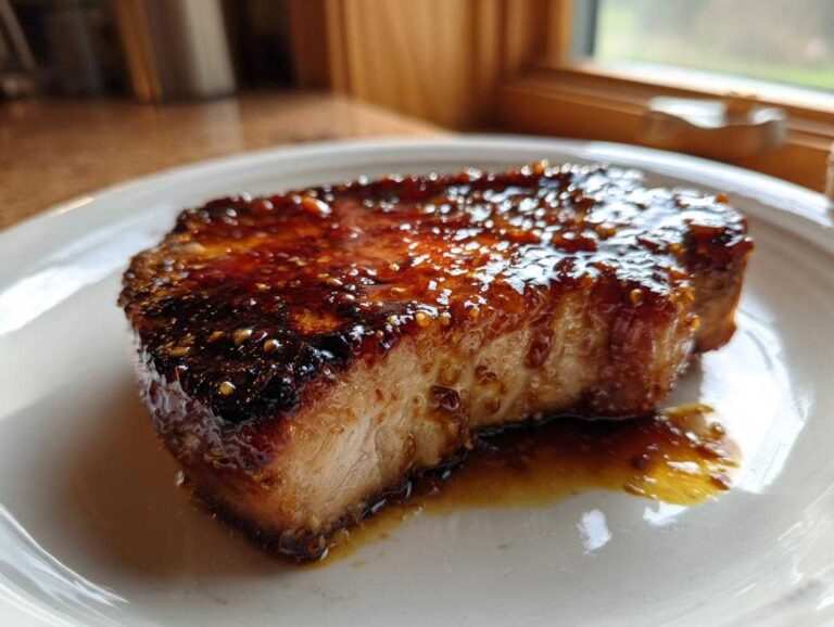 A thick, juicy pork chop coated in a thick, glossy honey mustard glaze, resting on a white plate.