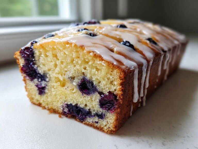 A golden baked loaf of Lemon Blueberry Bread drizzled with white lemon glaze, showing moist crumb and whole blueberries.