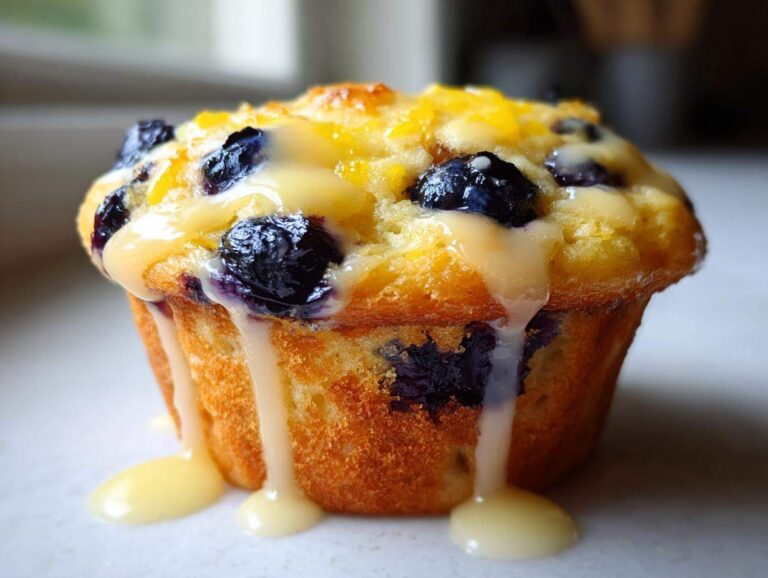 Close-up of a golden lemon blueberry muffin topped with a thick, creamy glaze dripping down the sides.