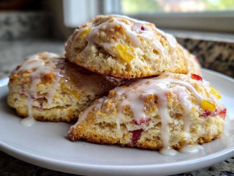 Three delicious strawberry lemon cream scones stacked on a white plate, drizzled with a thick lemon glaze.