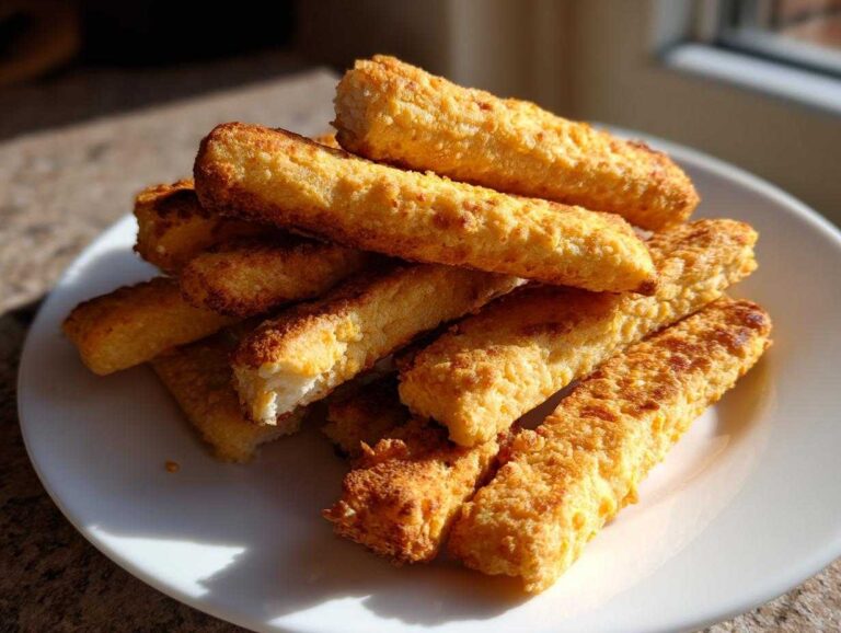 A close-up stack of golden-brown, baked cottage cheese sticks resting on a white plate, catching bright sunlight.
