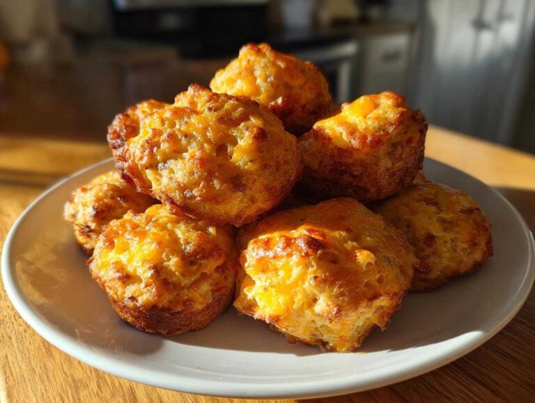 A stack of golden brown, cheesy Bisquick sausage balls piled on a white plate in bright sunlight.