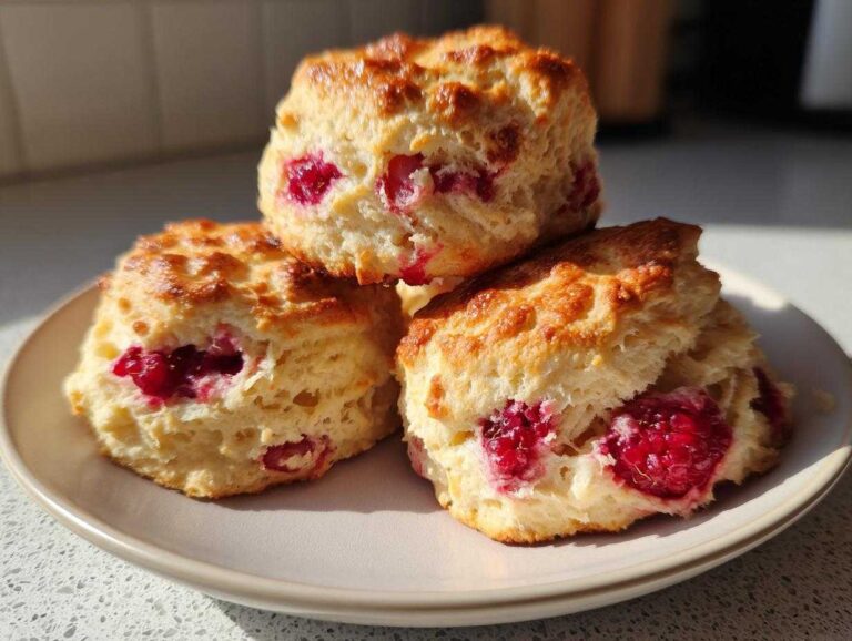Three freshly baked, golden raspberry scones stacked on a light plate, showing juicy red fruit inside.
