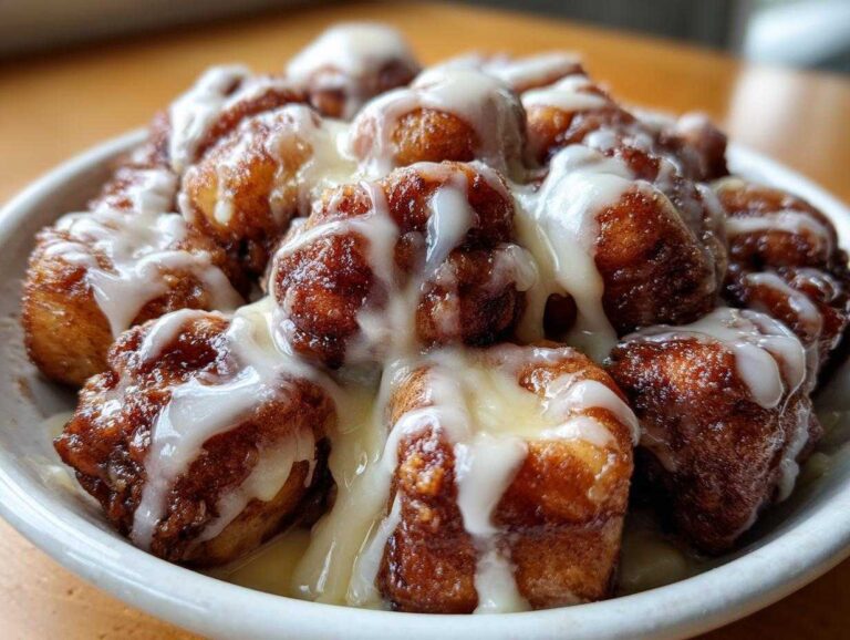 Close-up of a bowl filled with warm, gooey cinnamon roll bites covered in thick white icing.