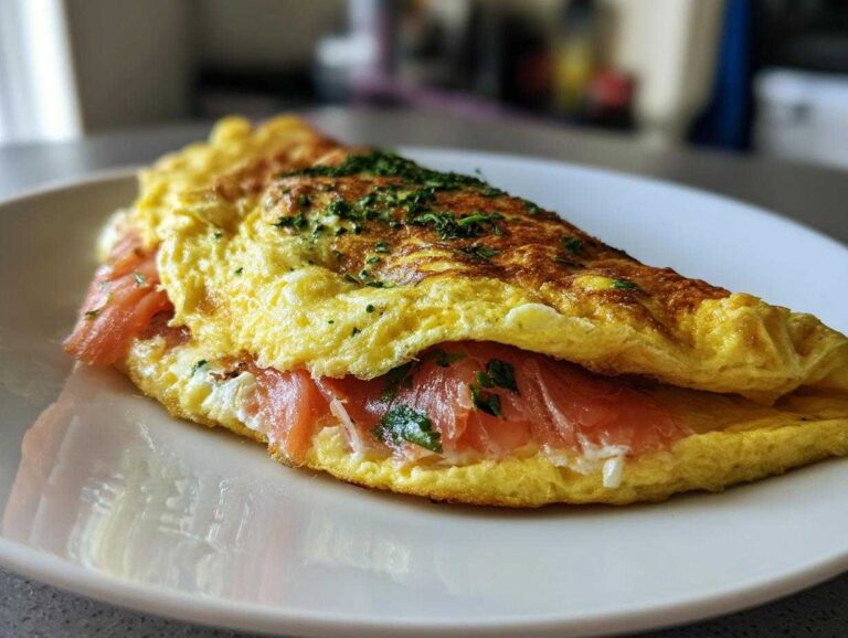 A perfectly folded, silky Smoked Salmon Omelette filled with pink salmon slices and herbs, served on a white plate.