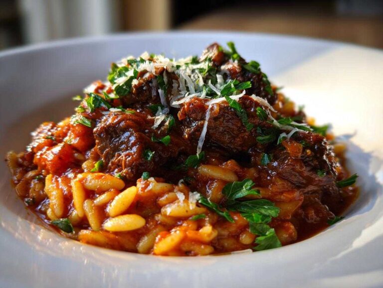 Close-up of rich greek beef giouvetsi stew served over orzo pasta, topped with cheese and parsley.