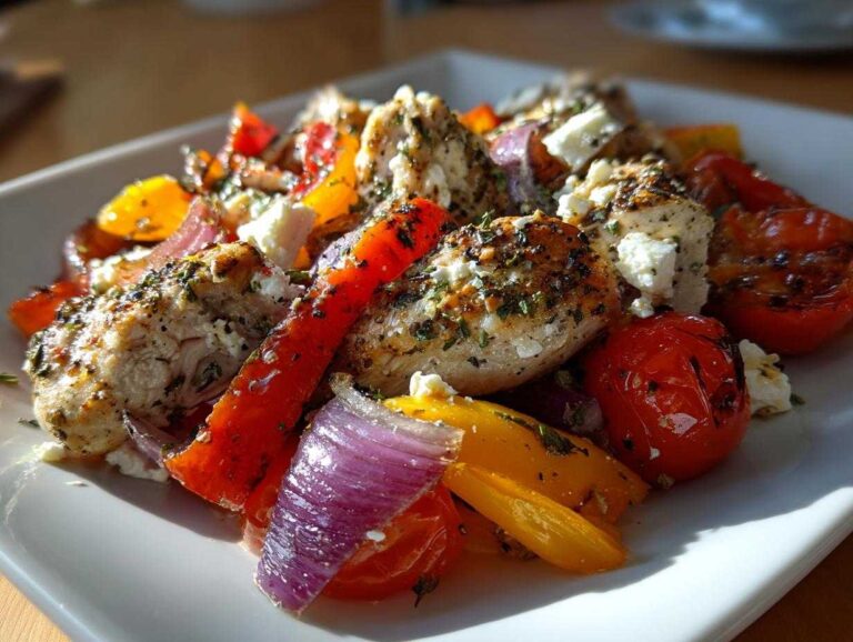 Close-up of perfectly cooked greek chicken with lemon and feta, mixed with roasted red onion, peppers, and tomatoes.