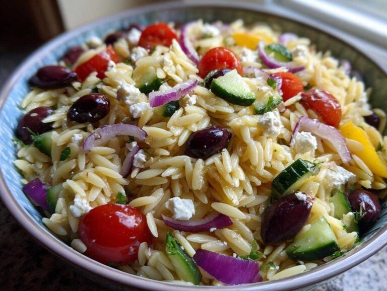 A close-up, vibrant shot of a bowl filled with fresh greek orzo pasta salad, featuring tomatoes, cucumbers, olives, and feta.