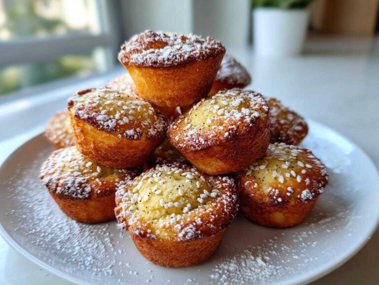 A stack of golden brown greek yogurt mini muffins dusted with powdered sugar and poppy seeds on a white plate.