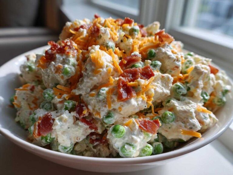 A close-up of a creamy green pea salad with bacon and cheese topping in a white bowl.