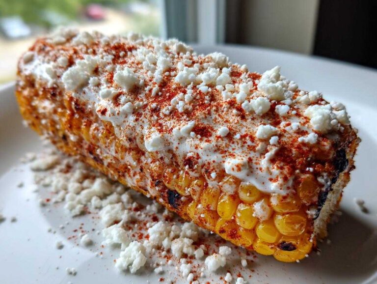 Close-up of a grilled ear of Elote slathered in crema, topped with crumbled Cotija cheese and sprinkled with chili powder.