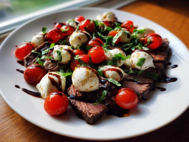 Slices of grilled flank steak topped with cherry tomatoes, mozzarella balls, basil, and balsamic glaze for grilled flank steak caprese.
