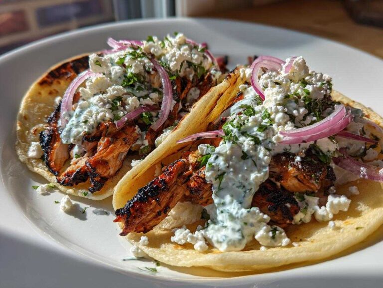Close-up of two delicious grilled mediterranean chicken tacos topped with tzatziki, feta cheese, and red onion slices.