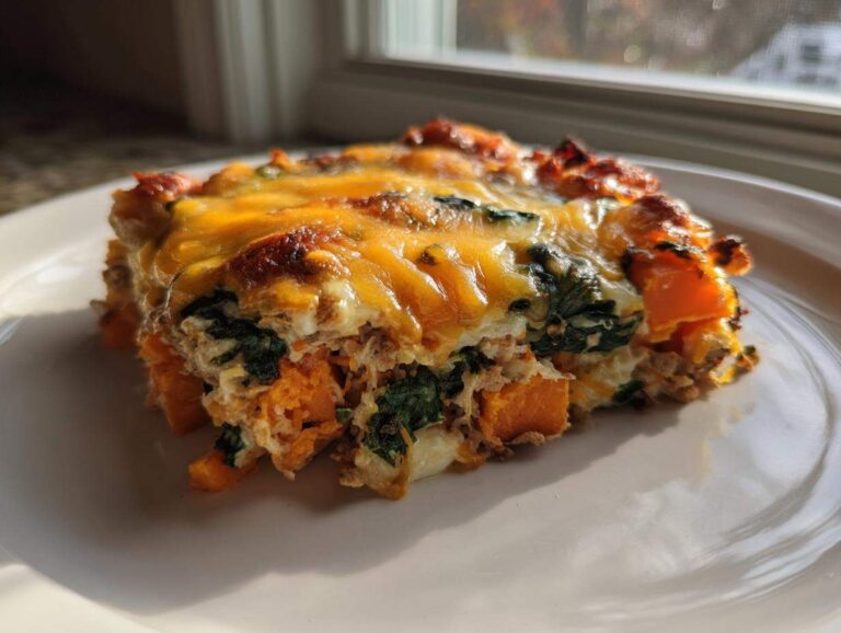 A close-up slice of ground turkey sweet potato bake topped with melted, browned cheddar cheese and spinach.