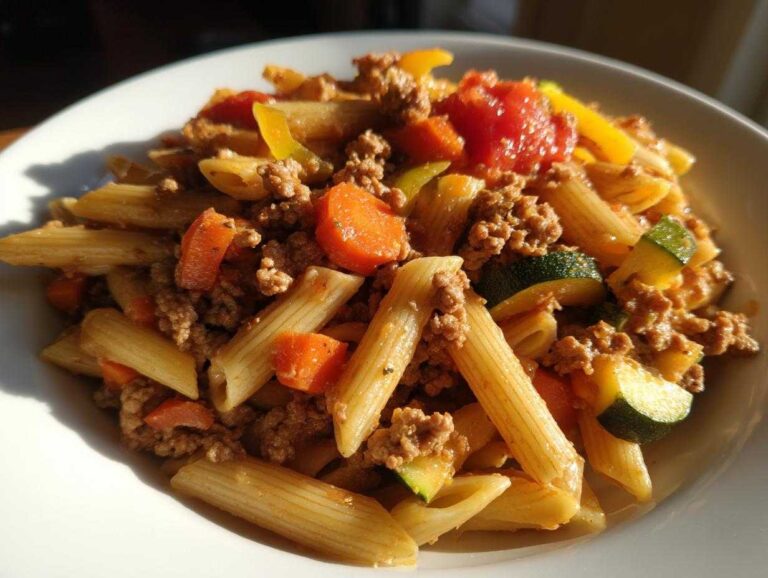 A close-up bowl of ground turkey veggie pasta featuring penne, carrots, zucchini, and tomatoes, brightly lit by sunlight.