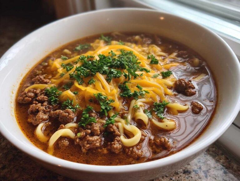 Close-up of a white bowl filled with rich hamburger noodle soup, topped with melted cheddar cheese and fresh parsley.
