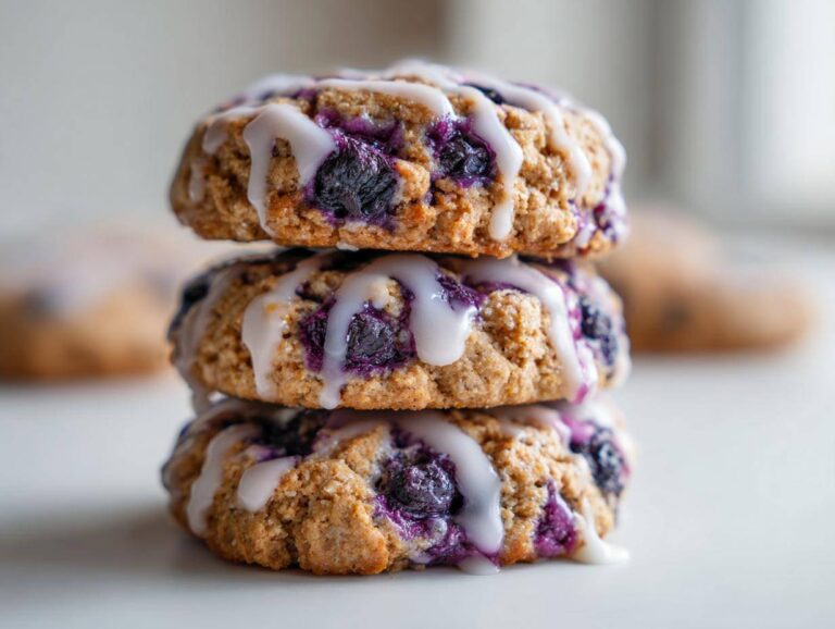 A close-up stack of three healthy blueberry cookies with lemon glaze drizzled over the top.