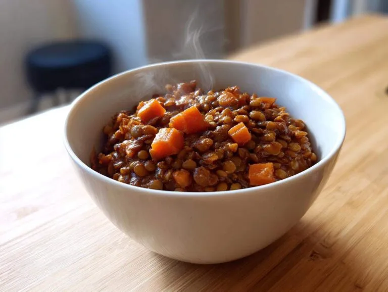 A close-up of a white bowl filled with hot, steaming hearty lentil stew featuring visible chunks of bright orange carrots.
