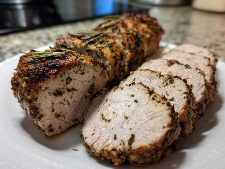 Close-up of a sliced, herb-crusted pork tenderloin recipe showing juicy interior and rosemary garnish.
