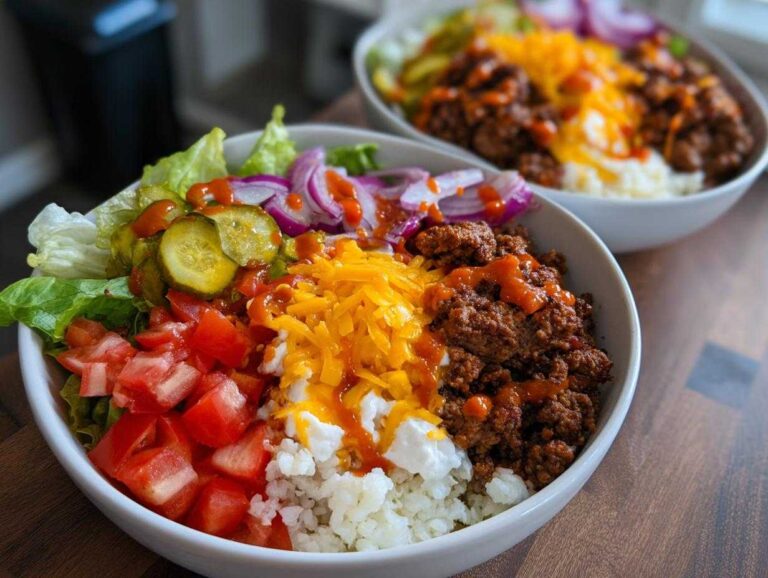 A close-up of a vibrant high protein burger bowl featuring seasoned ground beef, cauliflower rice, cheese, tomatoes, pickles, and onions.