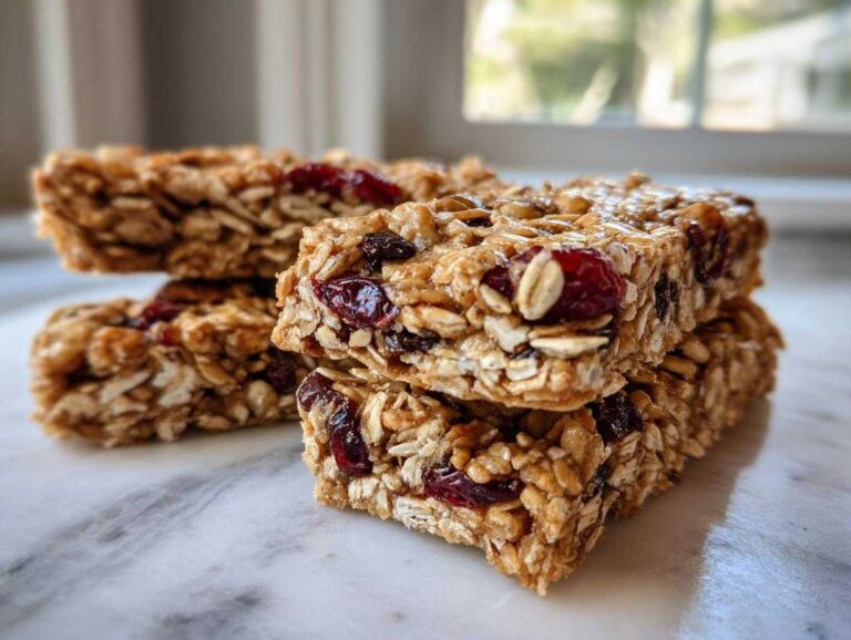 Close-up of a stack of chewy homemade granola bars packed with oats and dried cranberries.