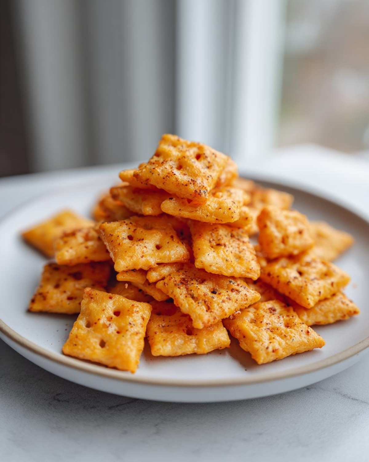 A close-up stack of freshly baked homemade healthy cheez-its crackers seasoned with spices on a light plate.