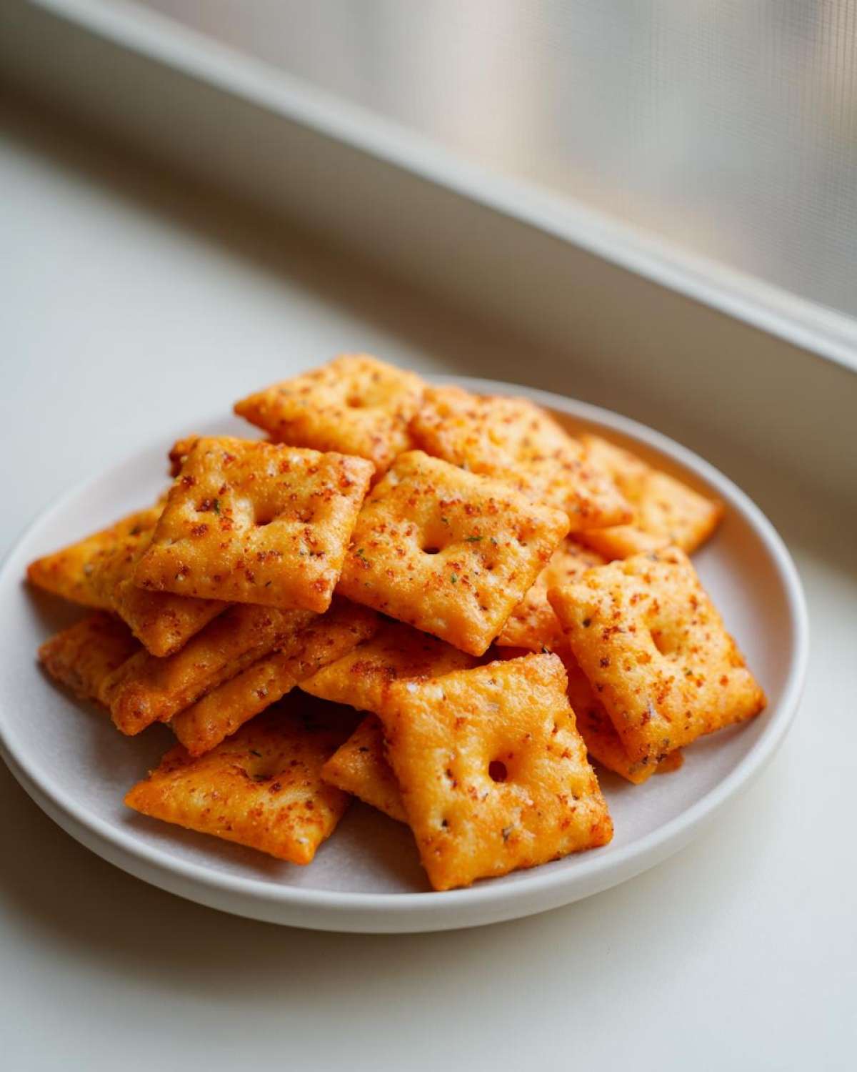 A close-up of a pile of square, orange homemade healthy cheez-its crackers seasoned with spices, resting on a small white plate.